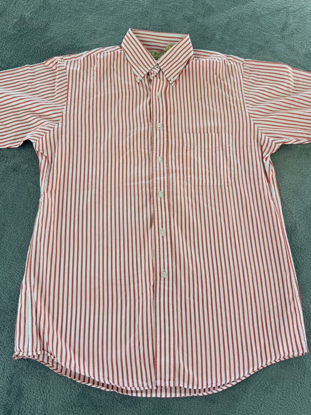L.L. Bean Red and White Vertical Stripe Button-Down Short Sleeved Shirt